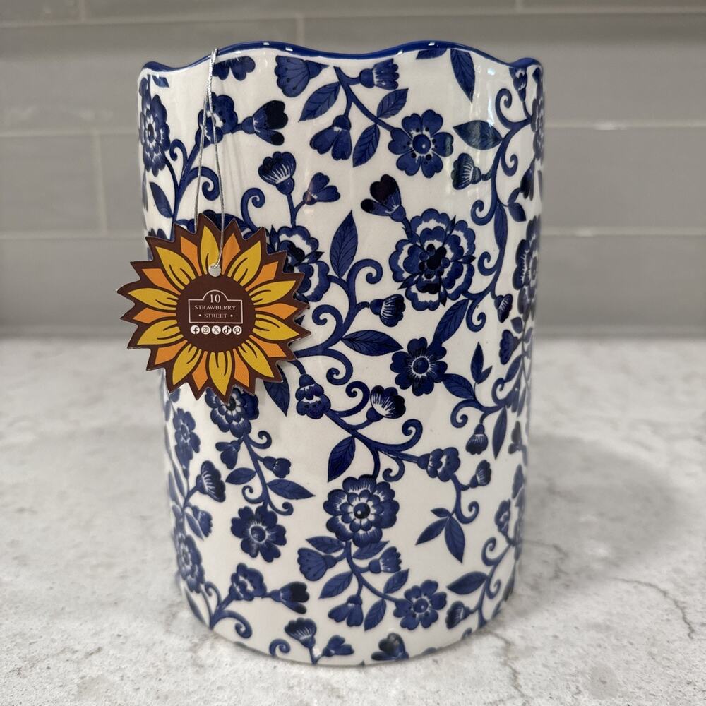 BLUE & WHITE 10 Strawberry St Utensil Holder Crock Canister Vase Chinoiserie NEW